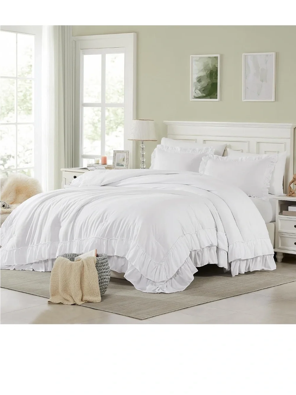 Cupocupa White Queen Comforter Set, 3Pcs Ruffle Comforters Queen/Full Size